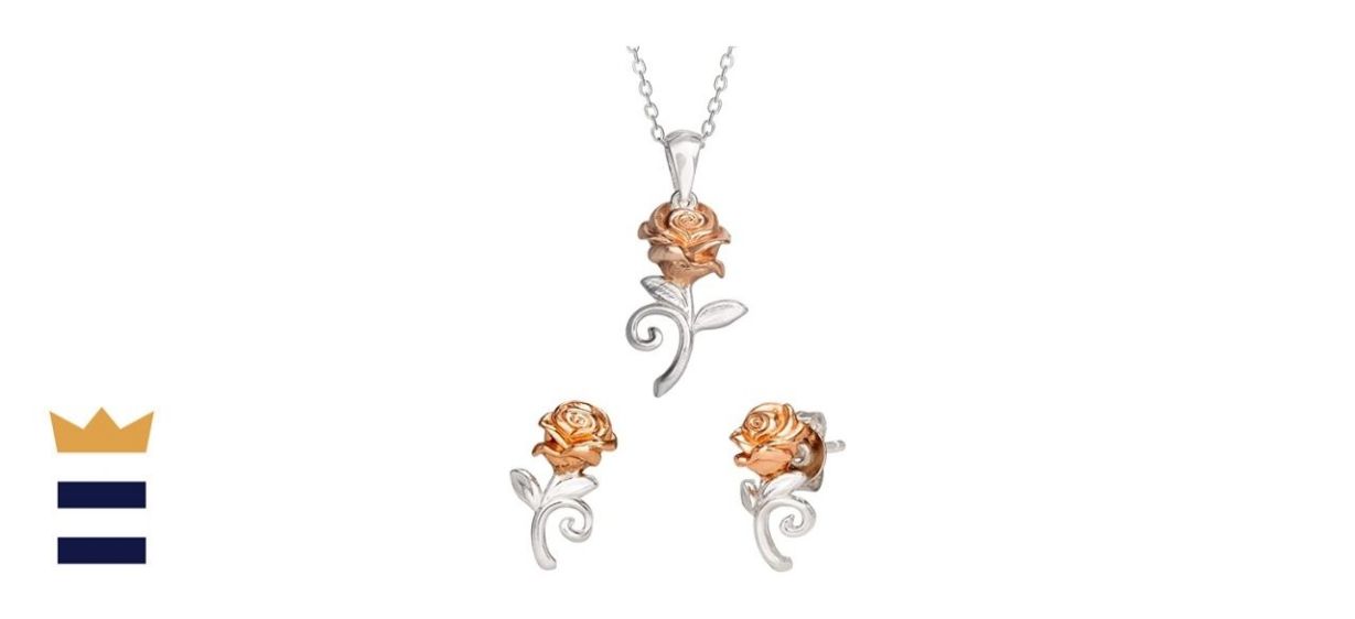 Disney Beauty and the Beast Two-Tone Sterling Silver Belle Rose Stud Earrings and Necklace Set