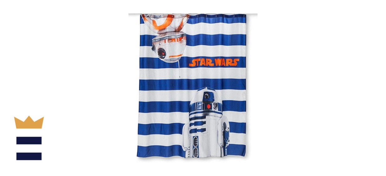 &quot;Star Wars” Robot Shower Curtain: Blue and White Stripe