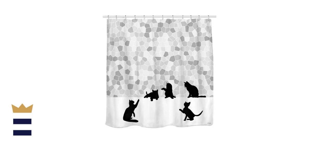 Sunlit Design black cat silhouette and gray mosaic fabric shower curtain