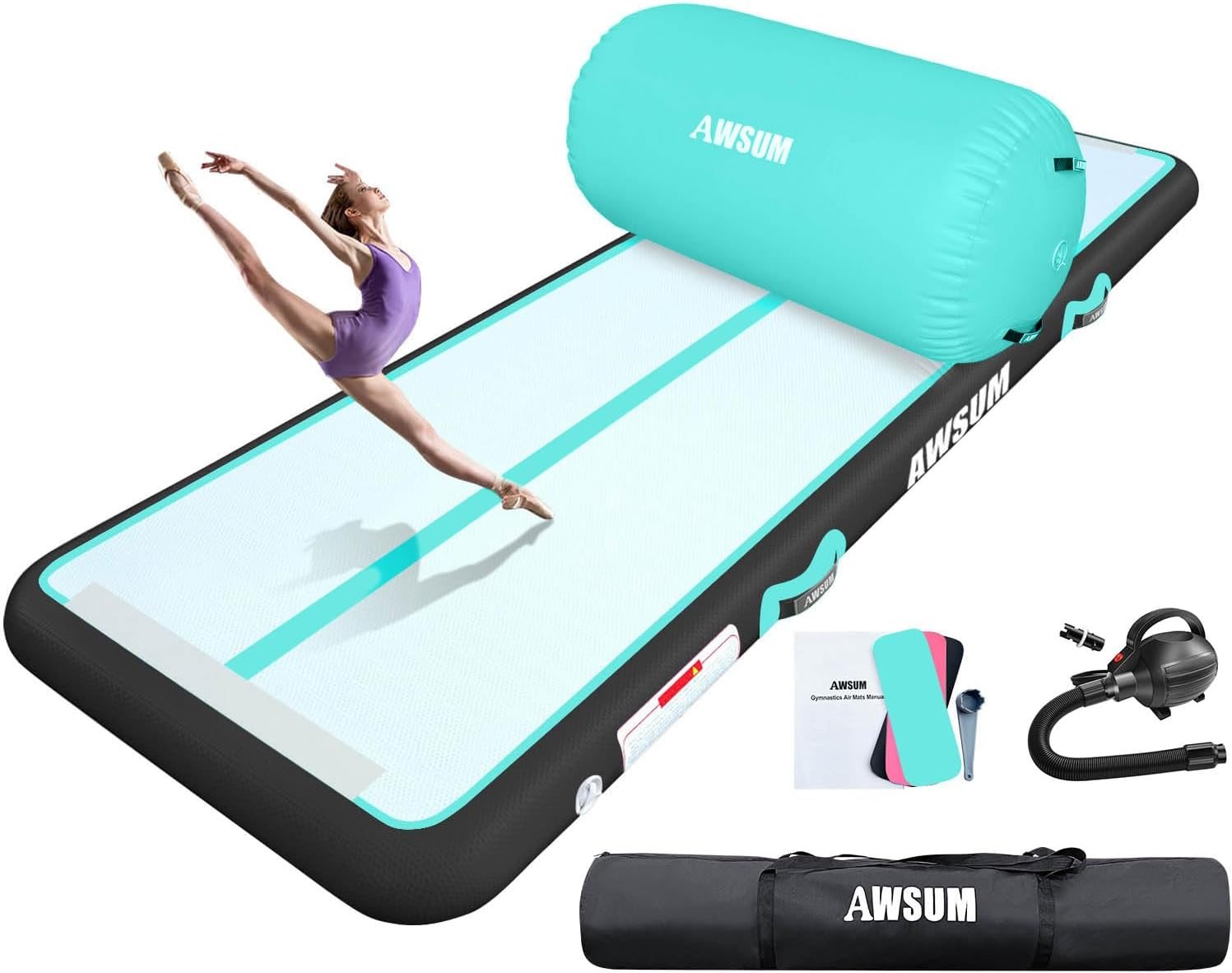 AWSUM Inflatable Gymnastics Mat With Air Roller, 10 ft Bundle