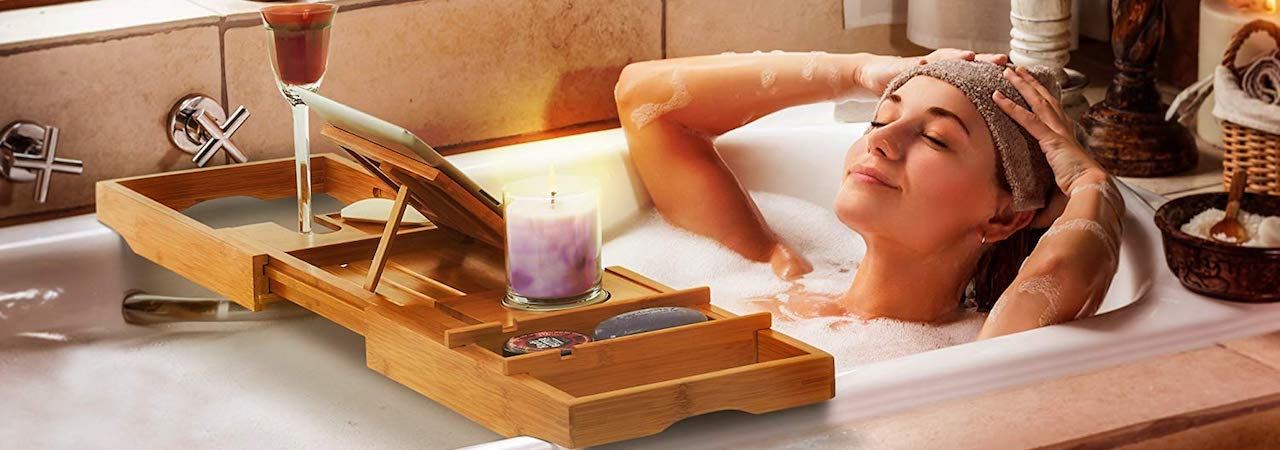 Bathtub Tray Caddy - Foldable Waterproof Bath Tray & Bath Caddy - Wooden Tub  Organizer & Holder - Expandable Size, Fits Most Tubs 