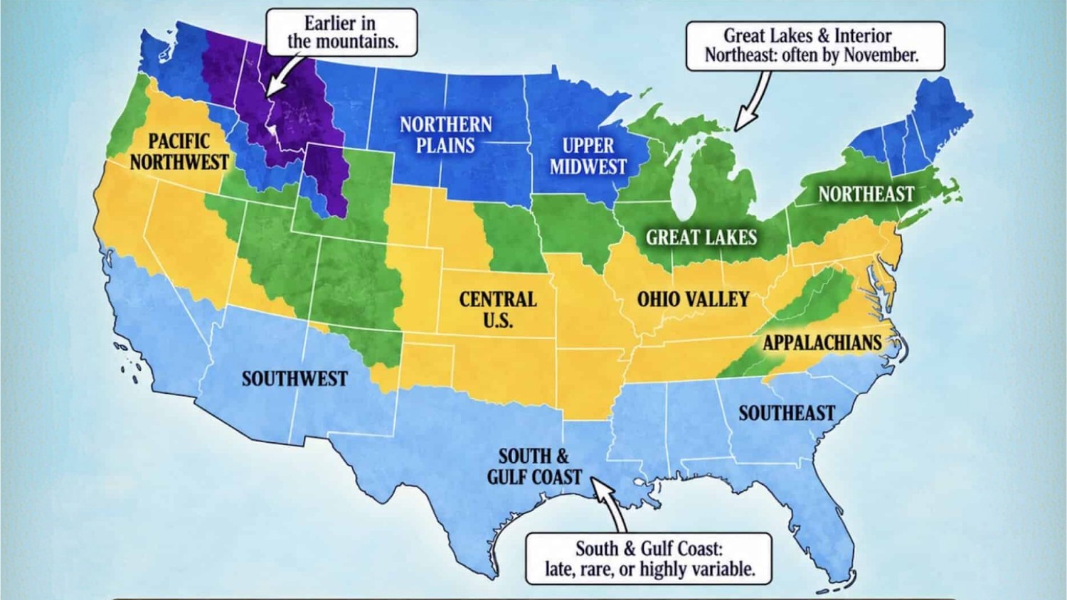 Farmers' Almanac predicts when first snow will fall in every state