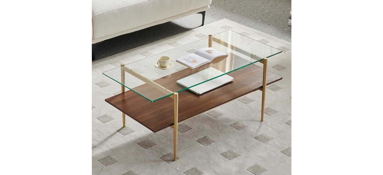 AGV Tadio Glass Coffee Table, Gold Finish Frame, Ultra-Clear Glass & Walnut Wood Top