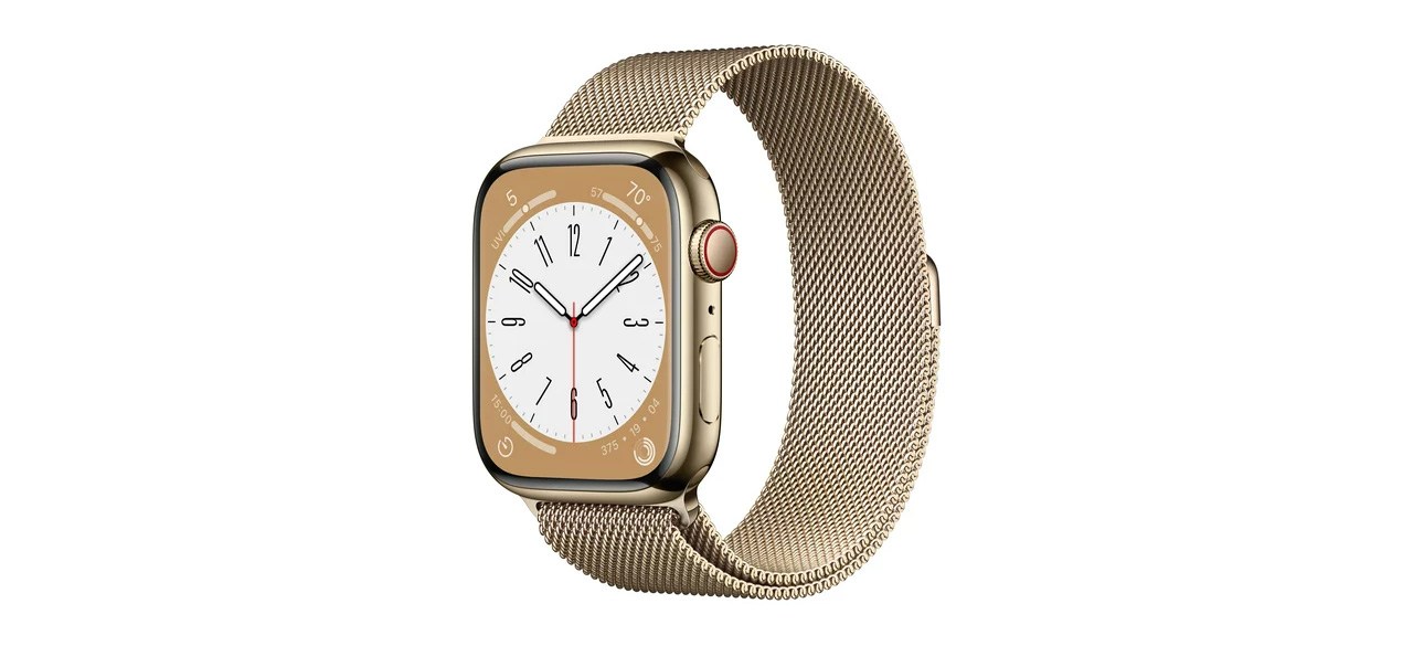 Apple Watch Series 8 GPS + Cellular 45mm Gold Stainless Steel Case on white background