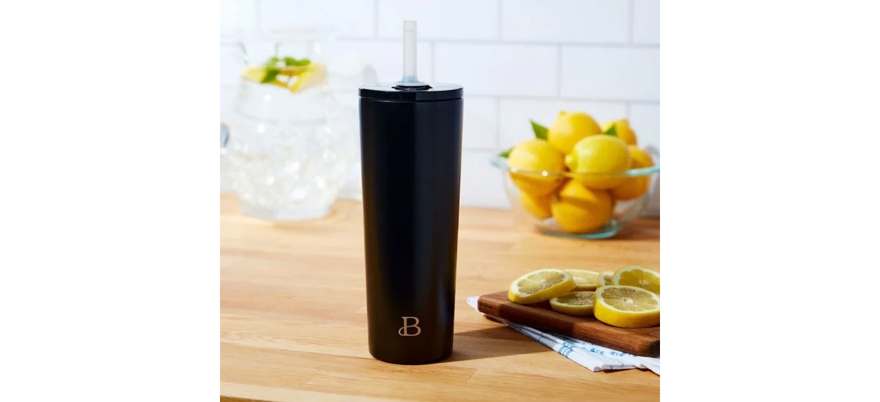 Beautiful 24oz No Drippy Sippy Stainless Steel Tumbler With Straw, Black on countertop