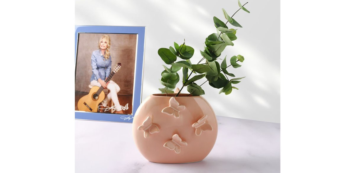 Dolly Parton 6.75 in Pink Butterfly Ceramic Oval Vase