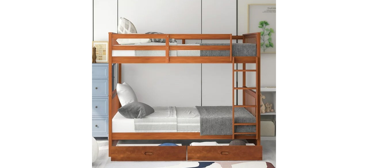 Wood frame Full Over Full Bunk Bed in bedroom