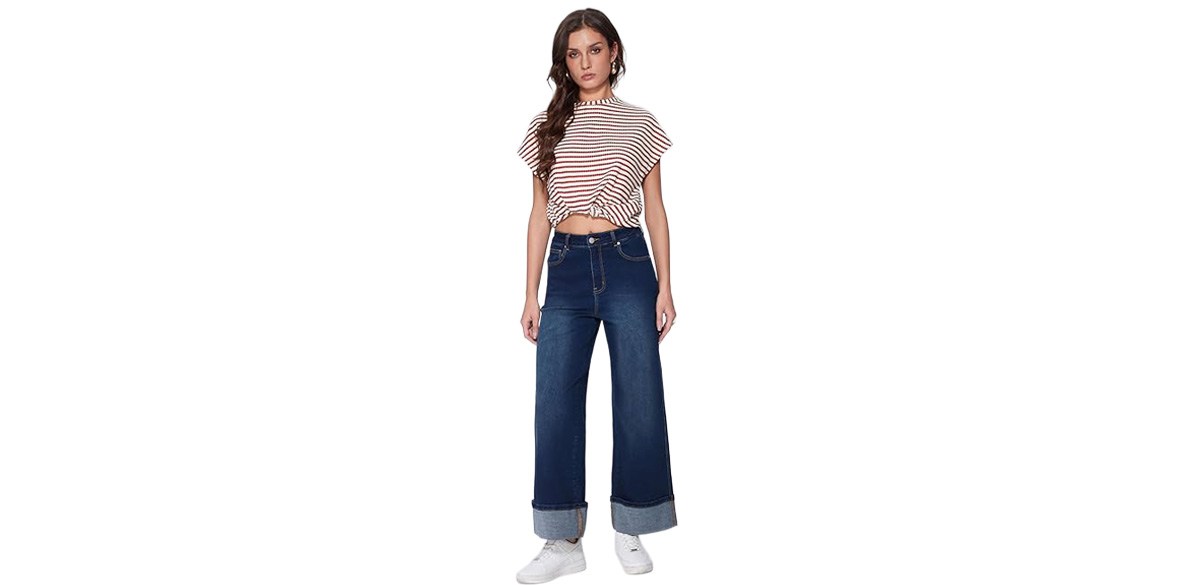  Vinova Womens Wide Leg Baggy Jeans Stretchy Folded Hem Cuffed