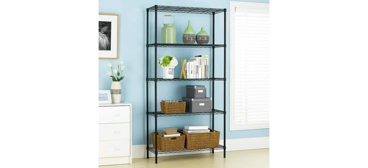 BestOffice 5-Tier Wire Shelving Unit against light blue wall