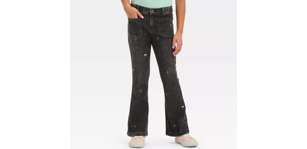 Girls' High-Rise Embroidered Floral Flare Jeans - Cat & Jack Black