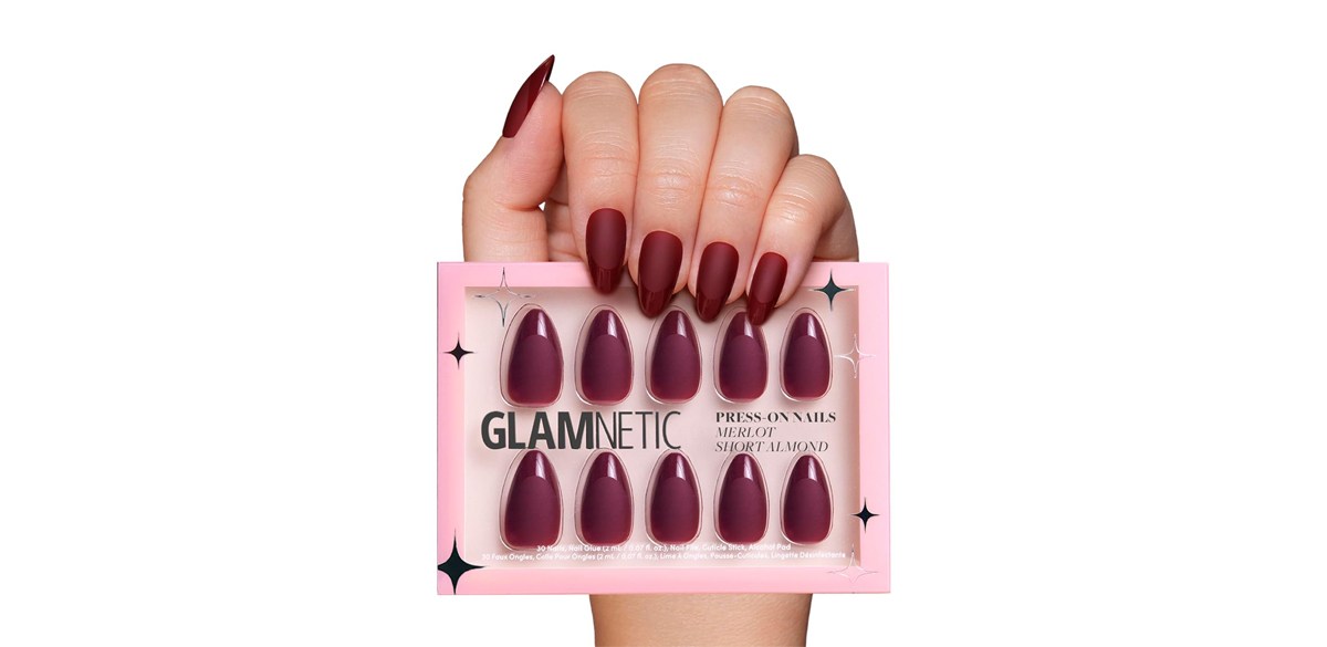 Glamnetic Press-On Nails in Merlot, Short Almond Dark Red Nails with Glossy French Tips in a Matte Finish