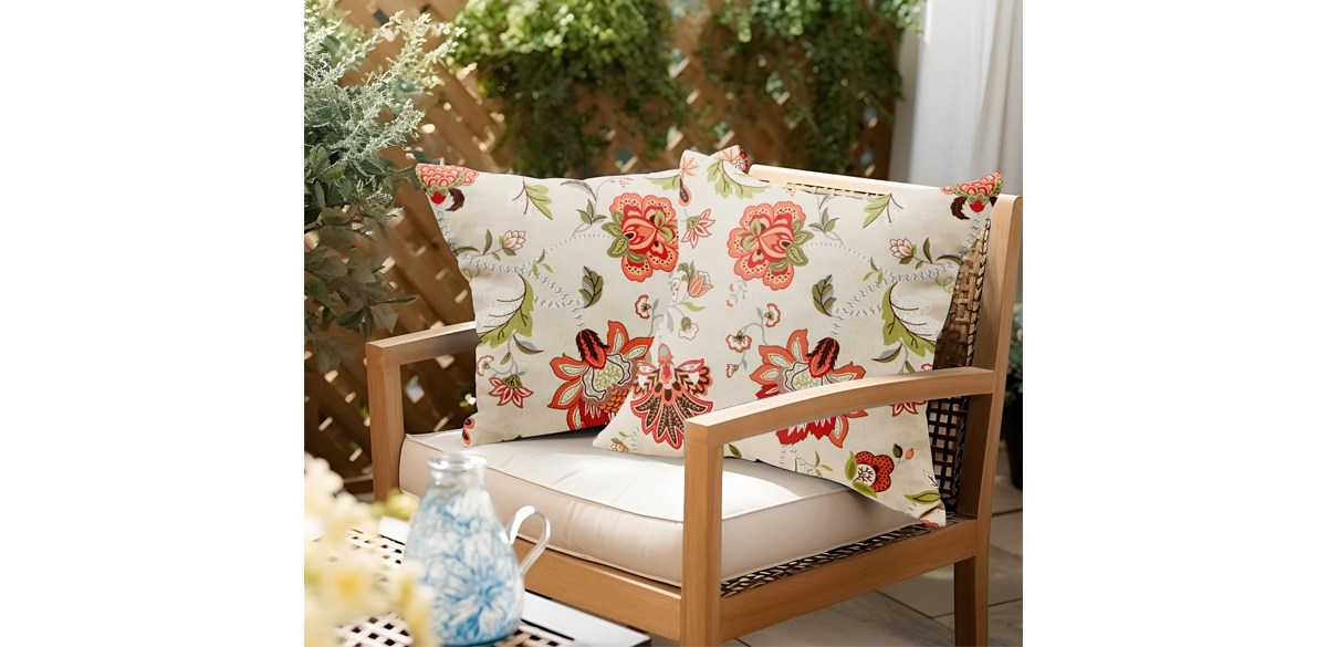 UNIKOME Outdoor Waterproof Pillows Set of 2 Embroidery Printed Floral Decor Pillow