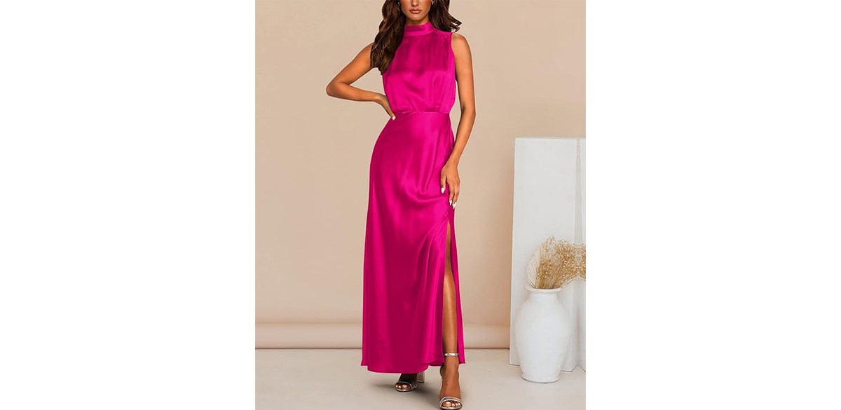  BTFBM Women Sleeveless Mock Neck Satin Wedding Guest Dress