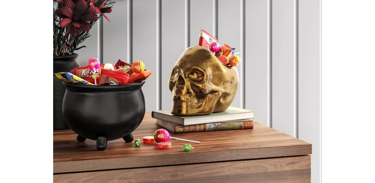 Halloween Skull Stoneware Candy Bowl Gold