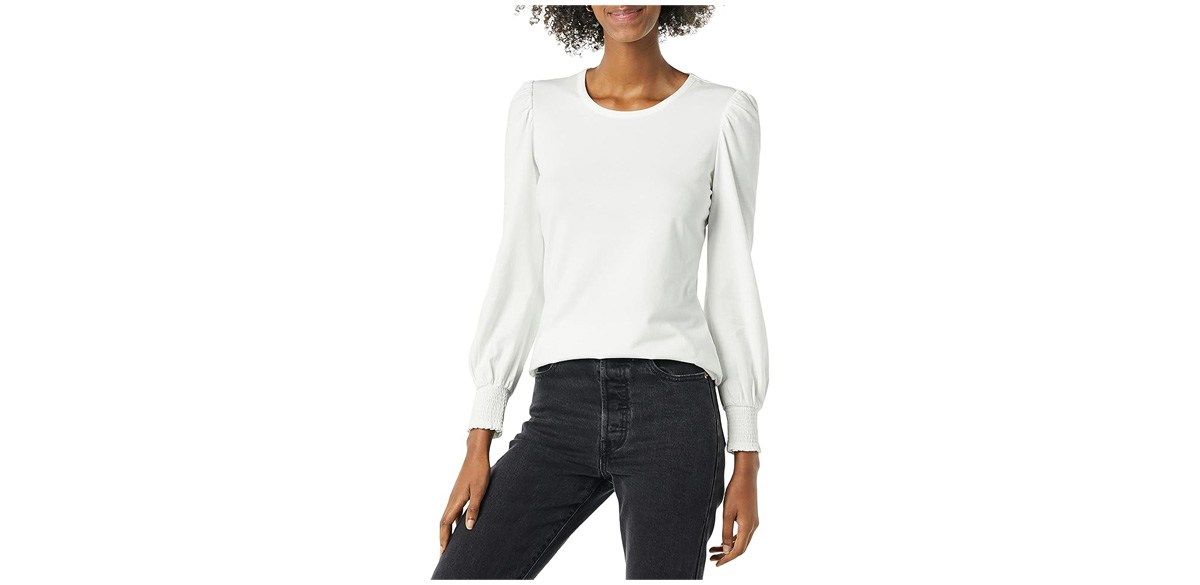 Amazon Essentials Women's Long-Sleeve Crewneck Smocked Cuff T-Shirt