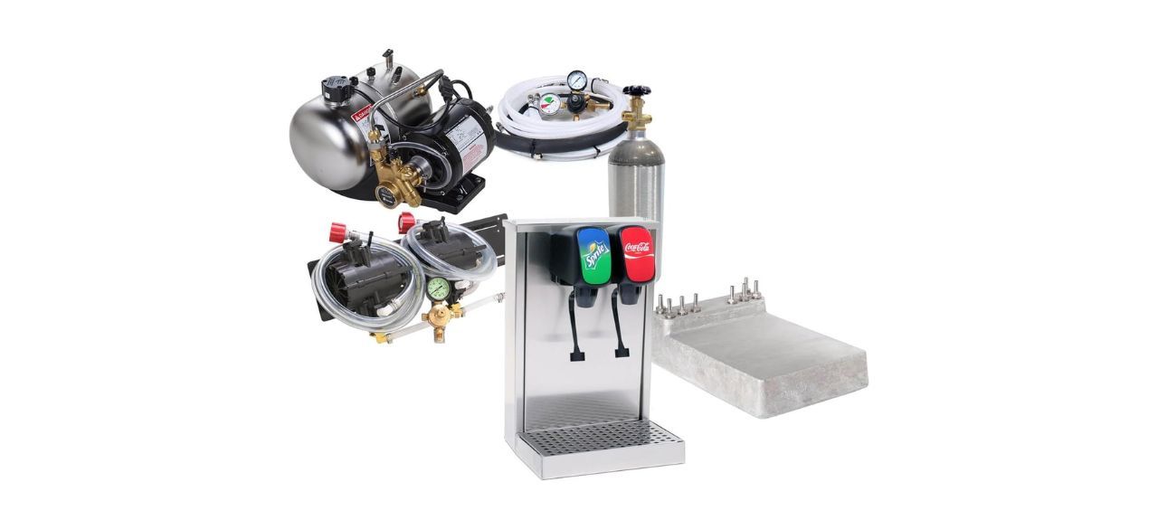 2-Flavor Soda Fountain Tower System with all included parts on white background