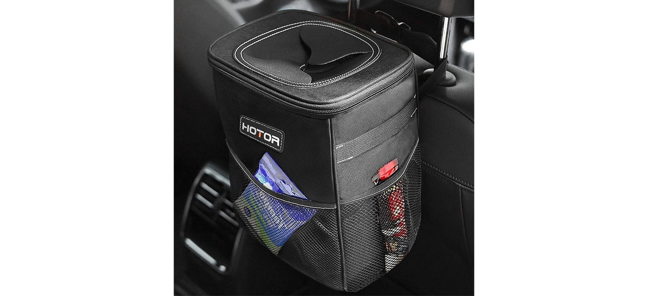 Hotor Car Trash Can attached to back of car seat