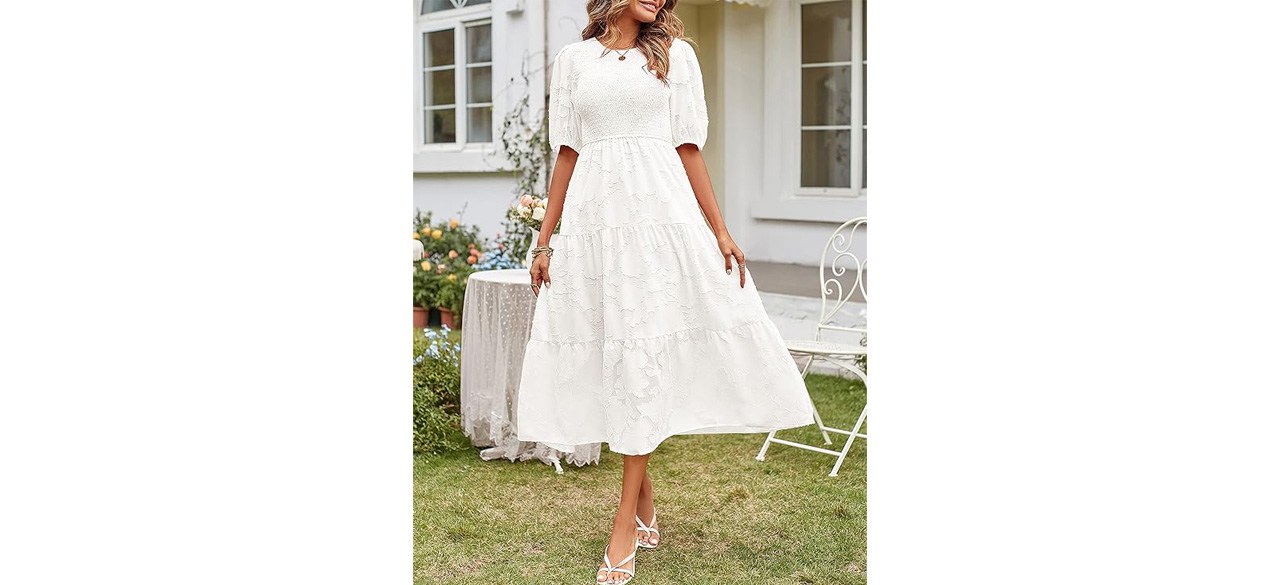 MEROKEETY Puff-Sleeve Smocked Floral Lace Tiered Midi Dresses
