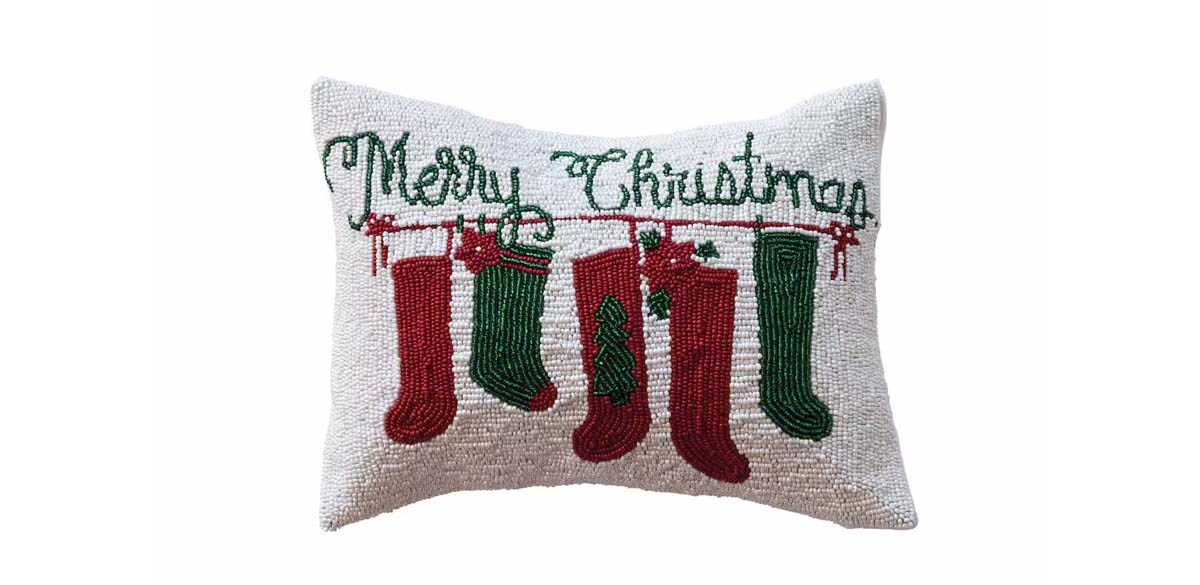 Merry Christmas Cotton Beaded Lumbar Pillow with Stockings & Velvet Back