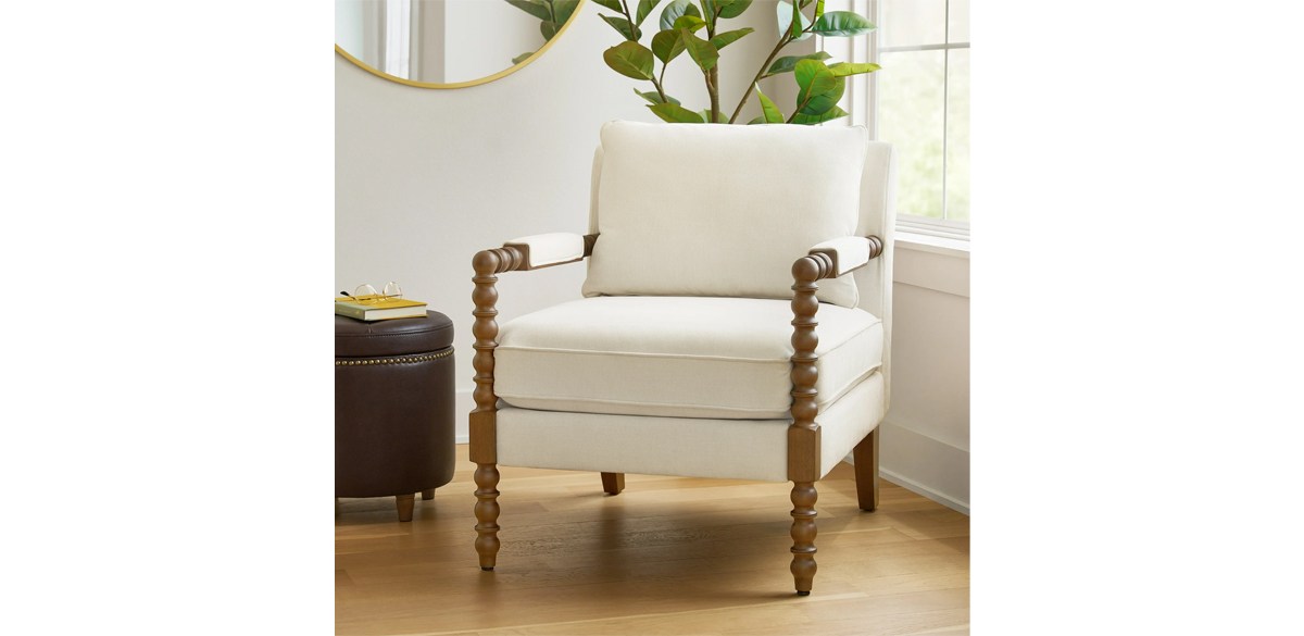 Pioneer Woman Harper Spindle Accent Chair, Antique White Fabric Upholstery