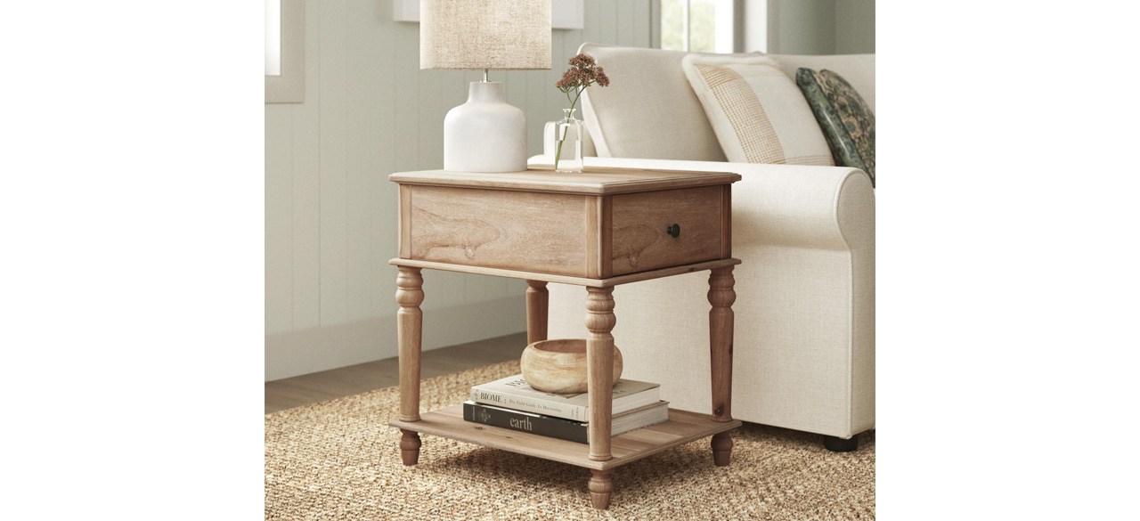 Sand & Stable Natural Birkley End Table with Storage Drawer next to sofa