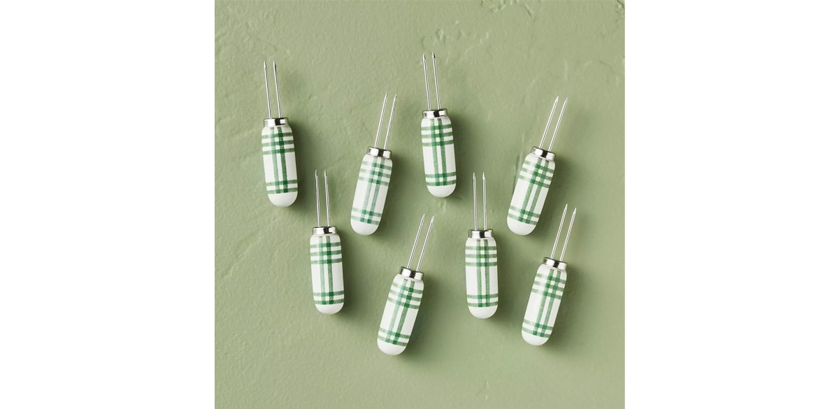 Tri-Stripe Plaid Corn Holders Green-Cream