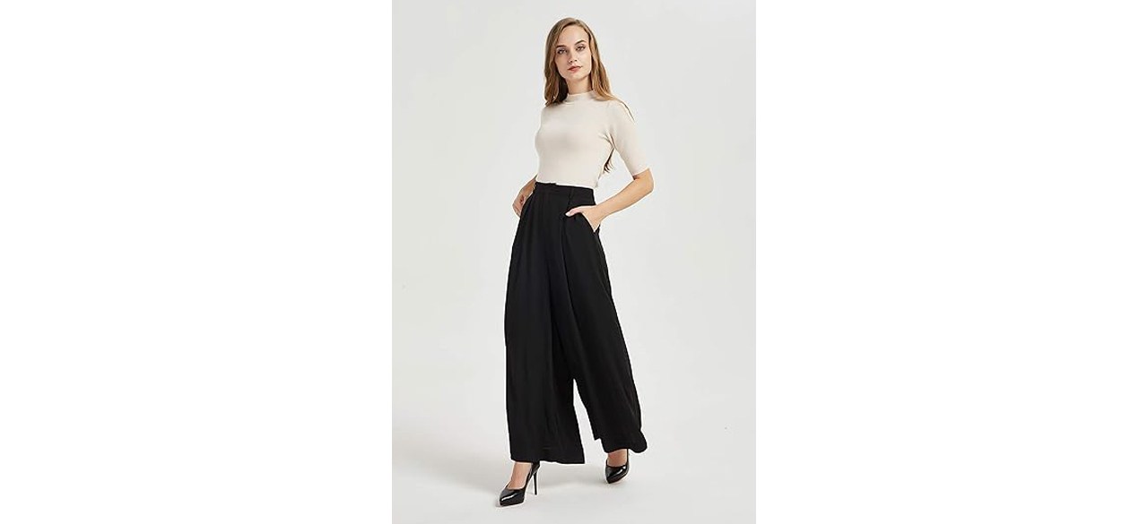 Woman wearing black Tronjori Women’s High Waist Casual Wide Leg Palazzo Trousers