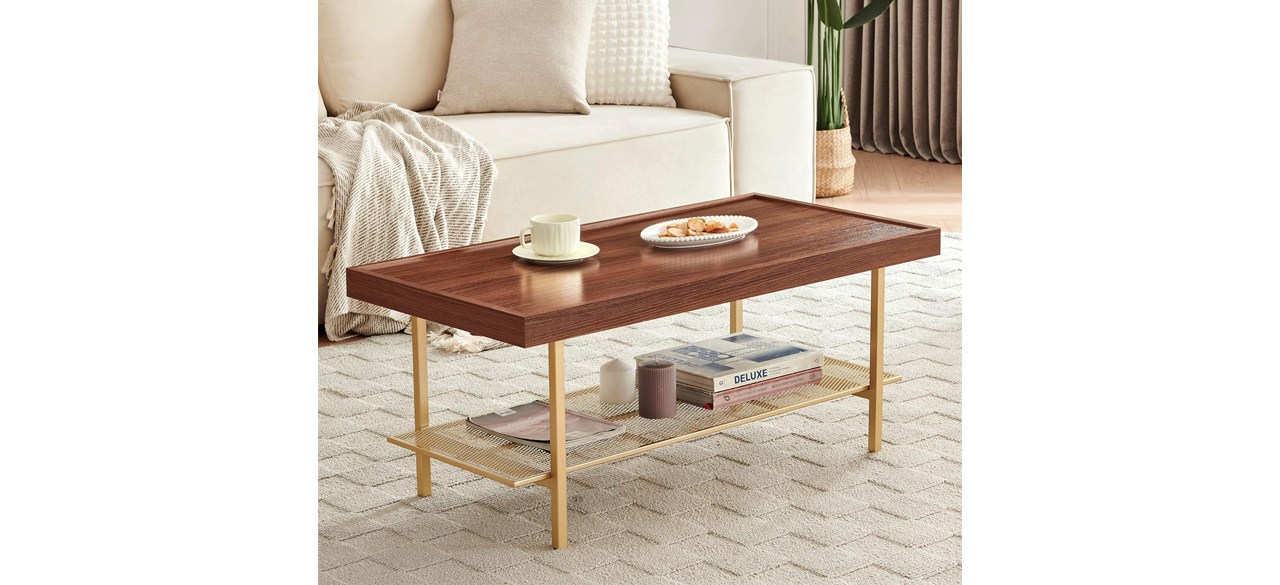  AGV Coffee Table, Gold Finish Metal Frame, Gold Metal Top & Walnut Wood Top