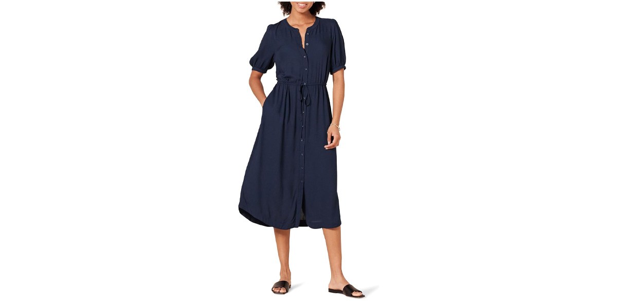 Amazon Essentials Women's Relaxed Fit Half-Sleeve Waisted Midi A-Line Dress
