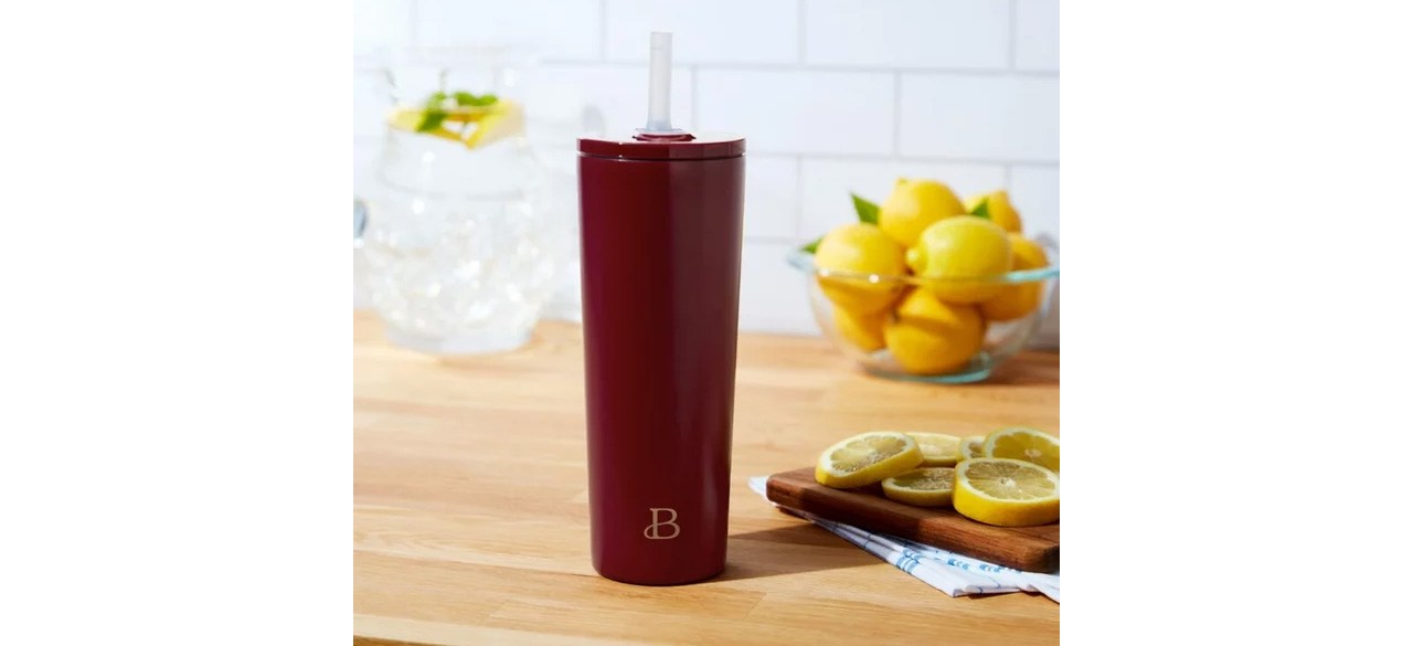 Beautiful 24oz No Drippy Sippy Stainless Steel Tumbler With Straw, Merlot on countertop