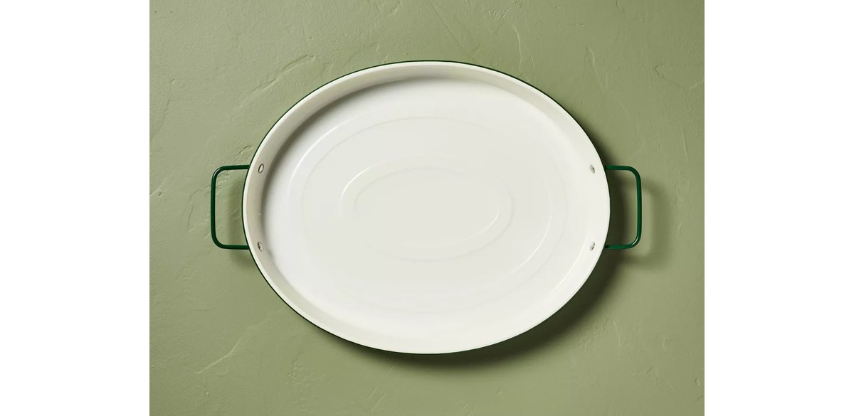 Enamel-Coated Metal Oval Serving Tray Cream-Green