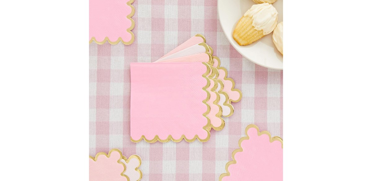 Sparkle & Bash Pink Scalloped Cocktail Napkins with Gold Foil Accents