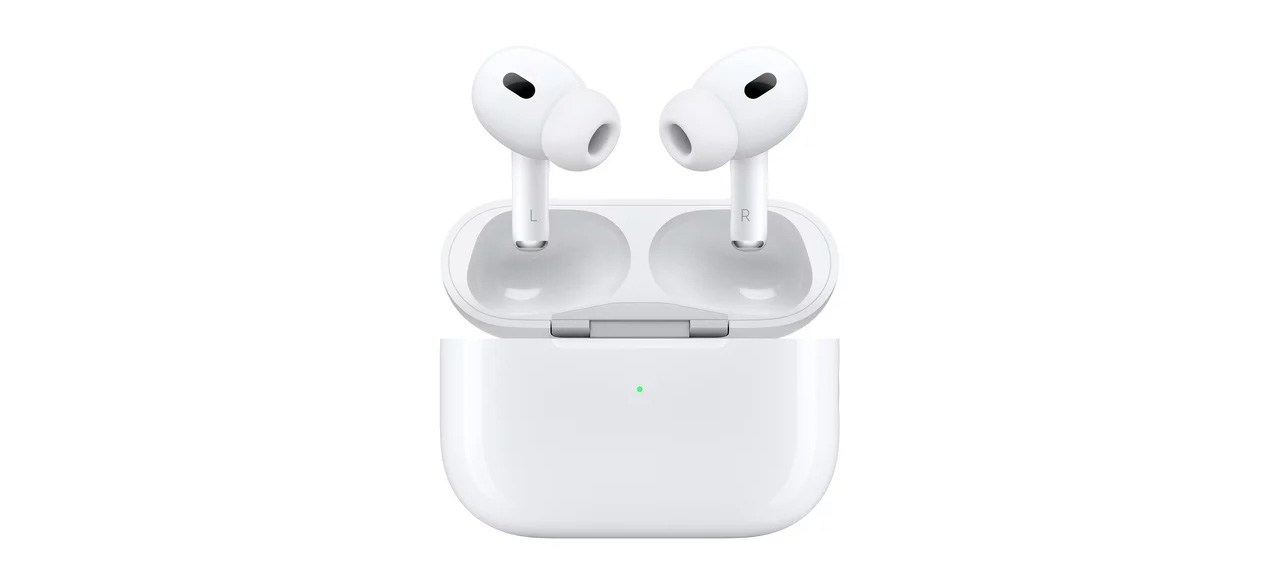 Apple AirPods Pro (2nd generation) with MagSafe Case on white background