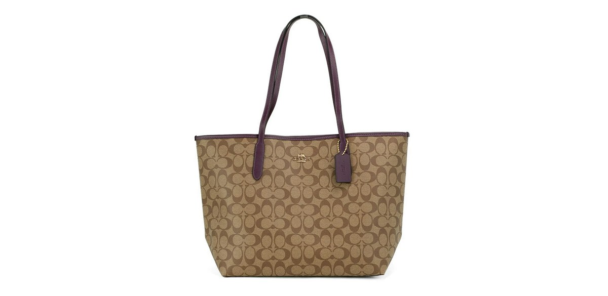 Coach Signature Coated Canvas Khaki Boysenberry City Tote Shoulder Bag