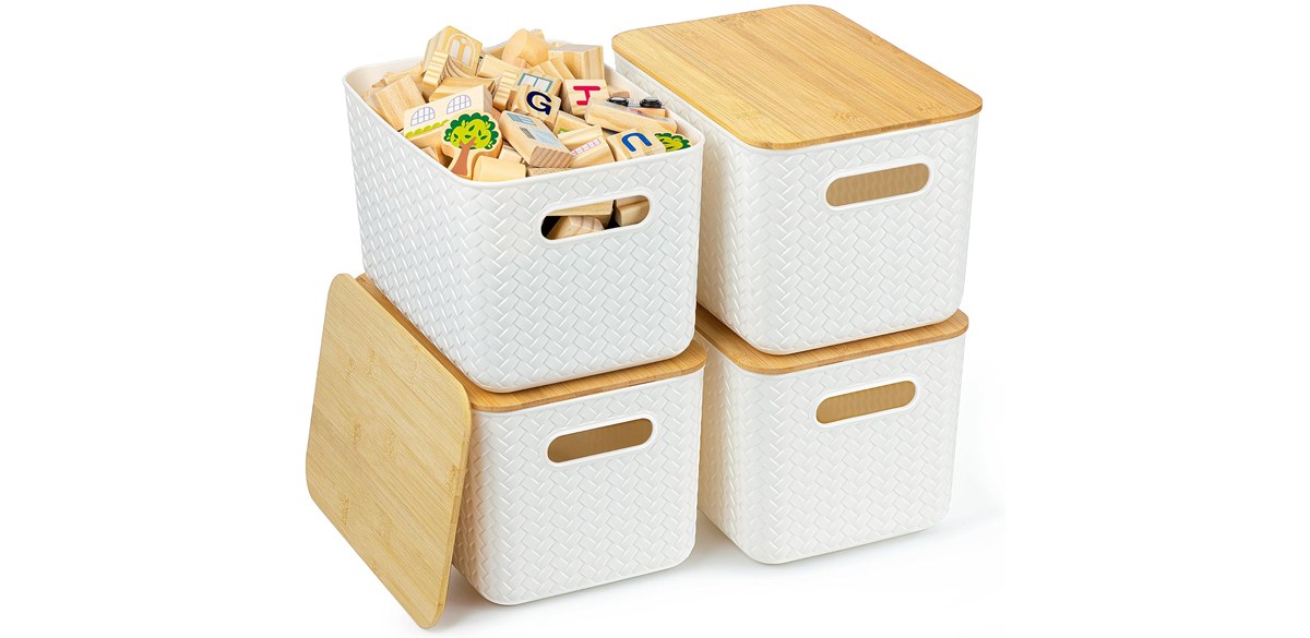 Ohmlove 4 Packs Storage Bins with Bamboo Lids