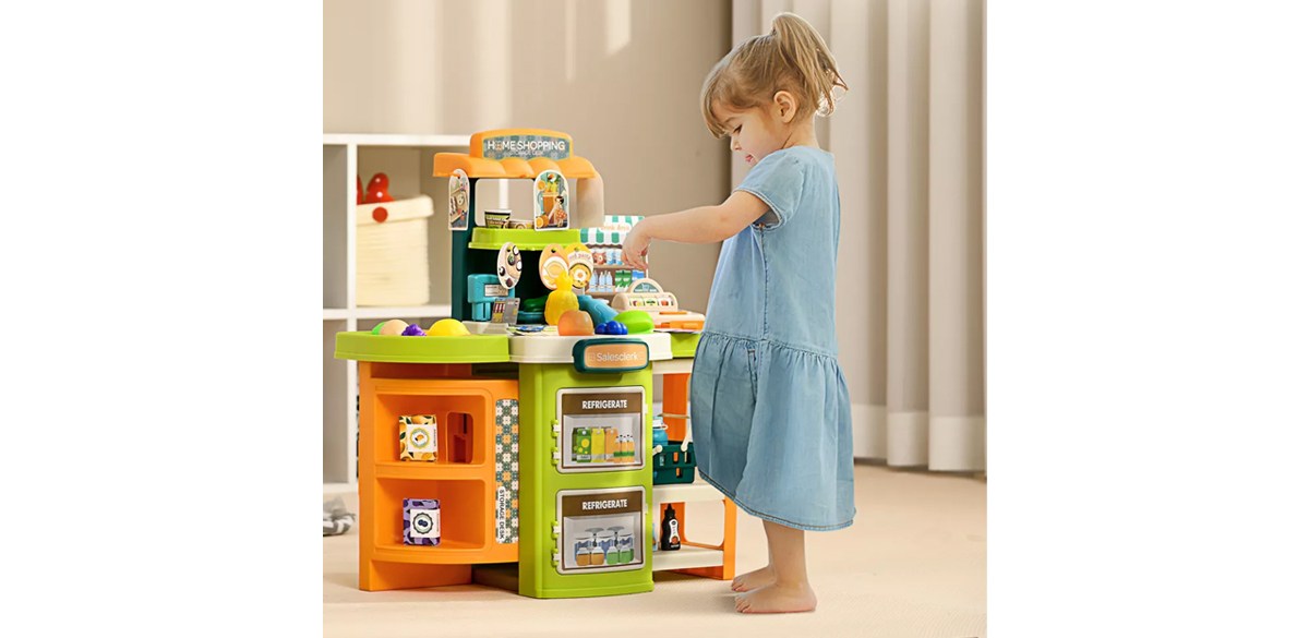 Qaba 58Pcs Grocery Store Pretend Play Kids Trolley with Cash Register Stand