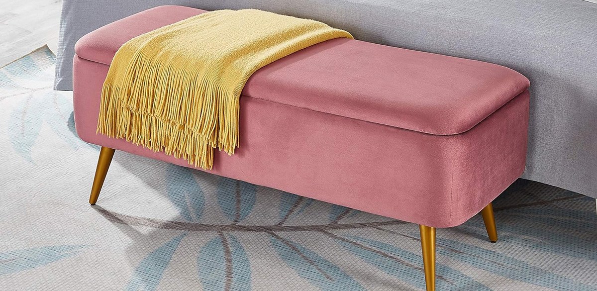 Ball and Cast Upholstered Velvet Storage Bench