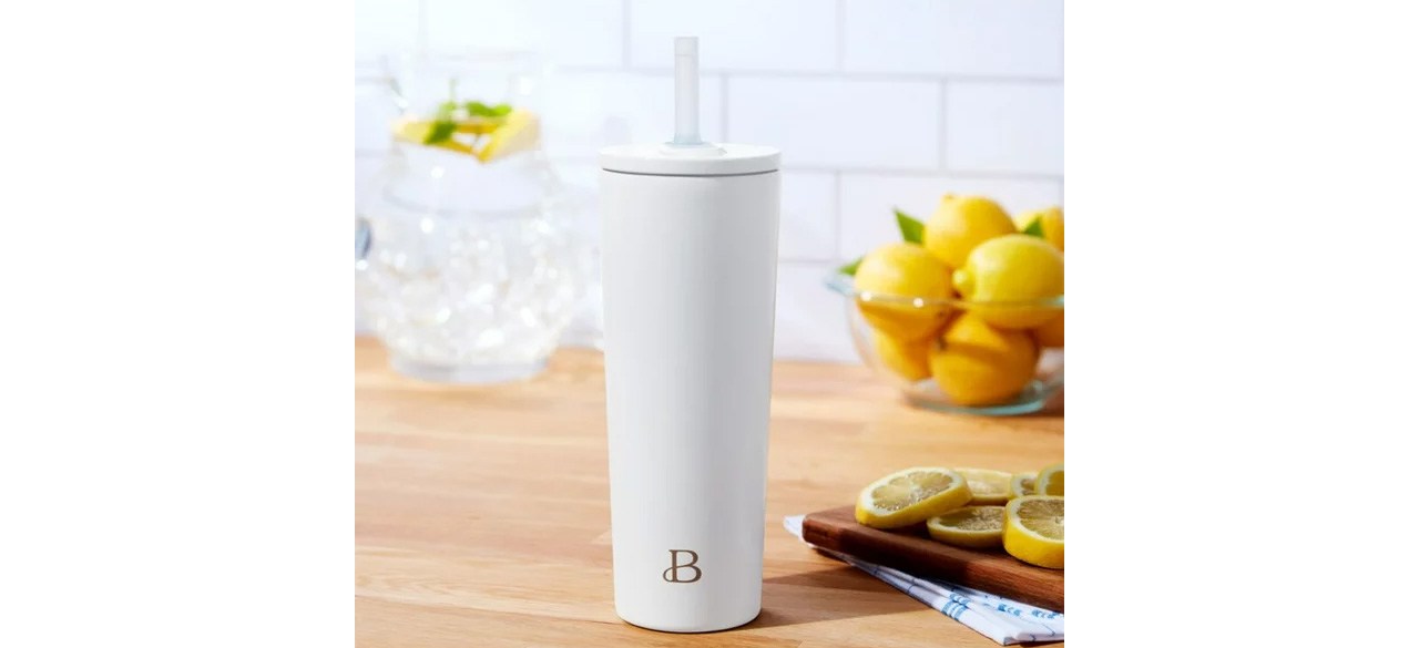 Beautiful 24oz No Drippy Sippy Stainless Steel Tumbler With Straw, White on countertop