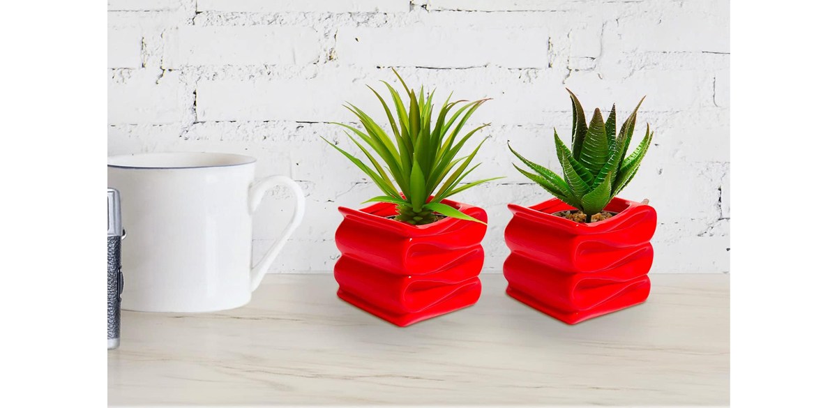 MyGift Red Ceramic Indoor Small Plant Pot, Set of 2