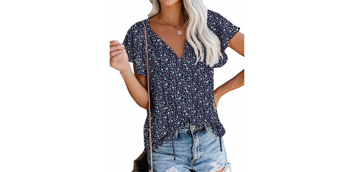 SimpleFun Women's Boho Tops Floral V Neck Short