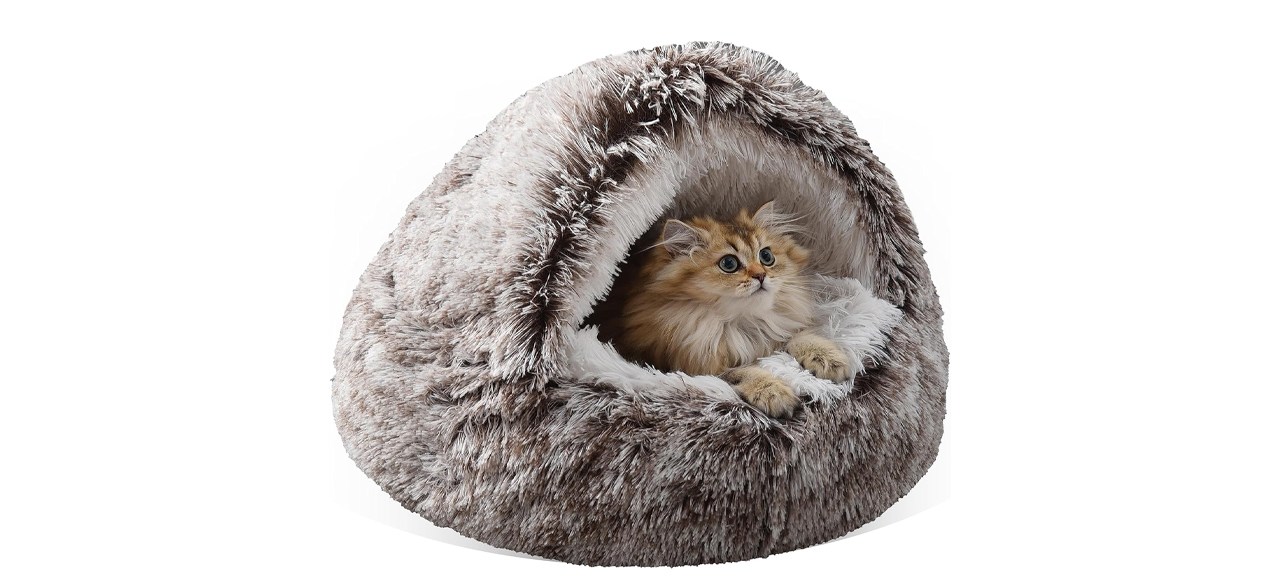 Something Different Plush Fluffy Hooded Calming Cat Bed