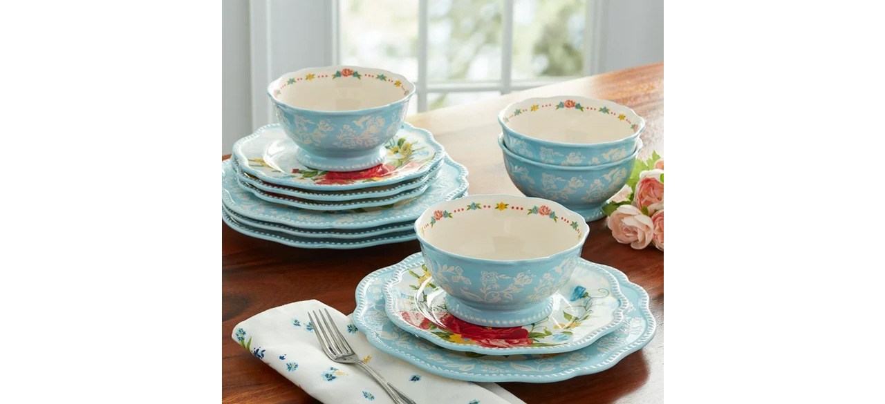 The Pioneer Woman Sweet Rose 12-Piece Dinnerware Set on kitchen counter