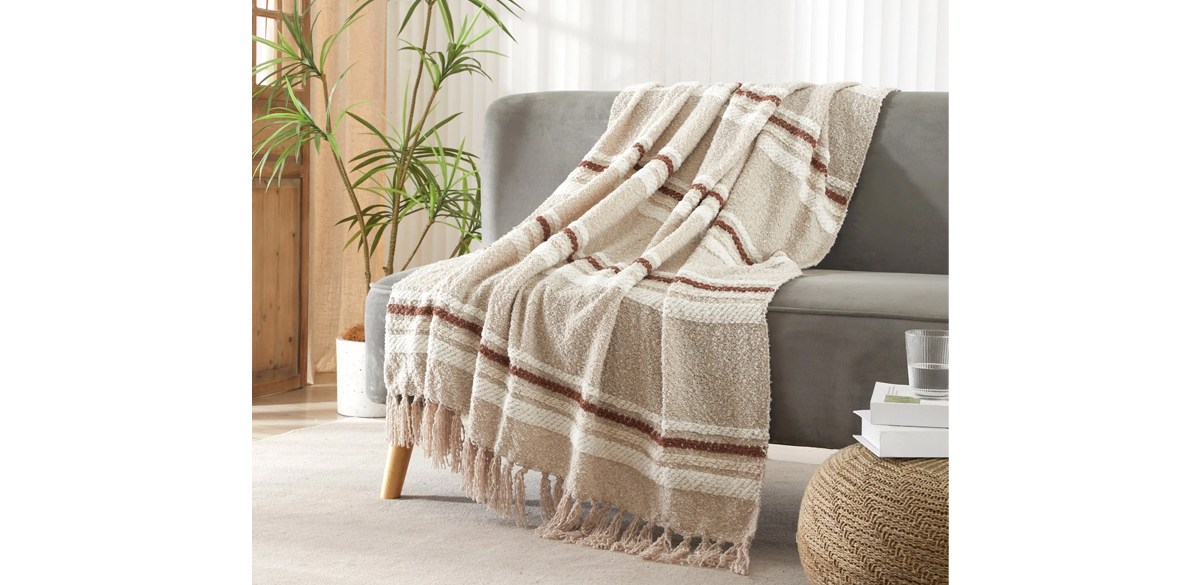 Beautiful Cozy Striped Porcini Chenille Throw by Drew Barrymore