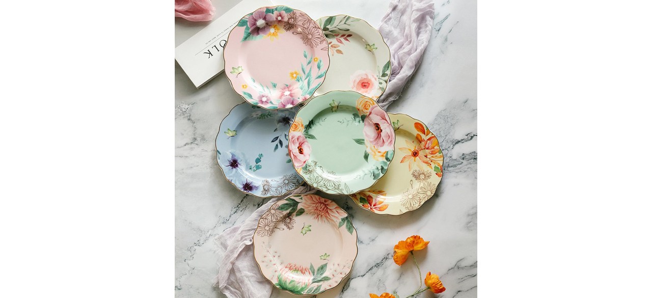 Brew To A Tea Porcelain Floral Plates on table in spring colors