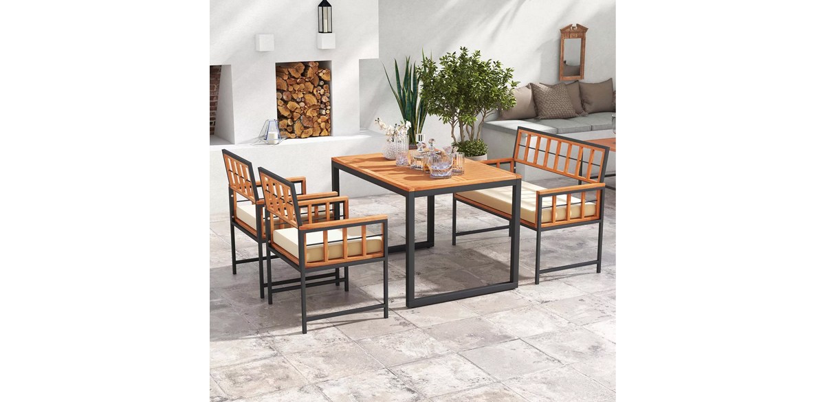 Costway 4 Piece Patio Dining Set Outdoor Wood Dining Furniture with 2 Chairs & 1 Loveseat