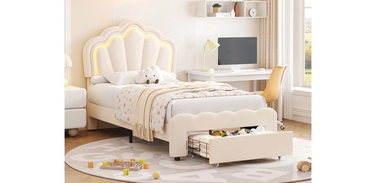 Lark Manor Avalie Upholstered LED Bed with Drawer & Adjustable Headboard