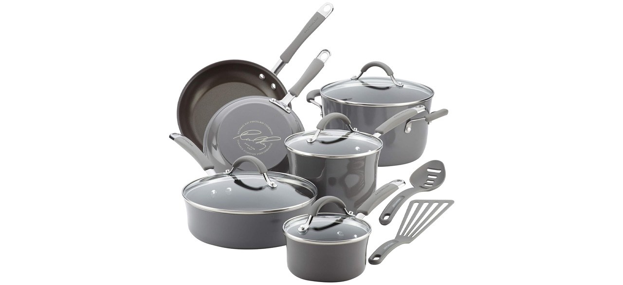 Rachael Ray Cucina Nonstick Cookware Pots and Pans Set on white background