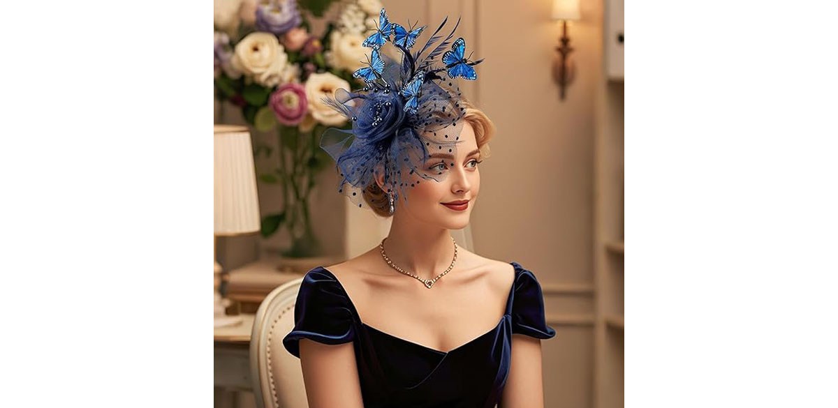 Elegant UK Kentucky Wildcat Blue Floral Feather Fascinator KY Derby Hat Church Navy White Fascinator Hat, Navy White Kentucky Derby Hat  main image 4