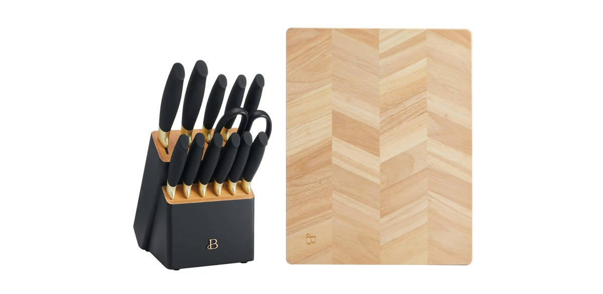 Beautiful 14-Piece Black & Gold Knife Block Set with 11x14 Herringbone Wood Cutting Board