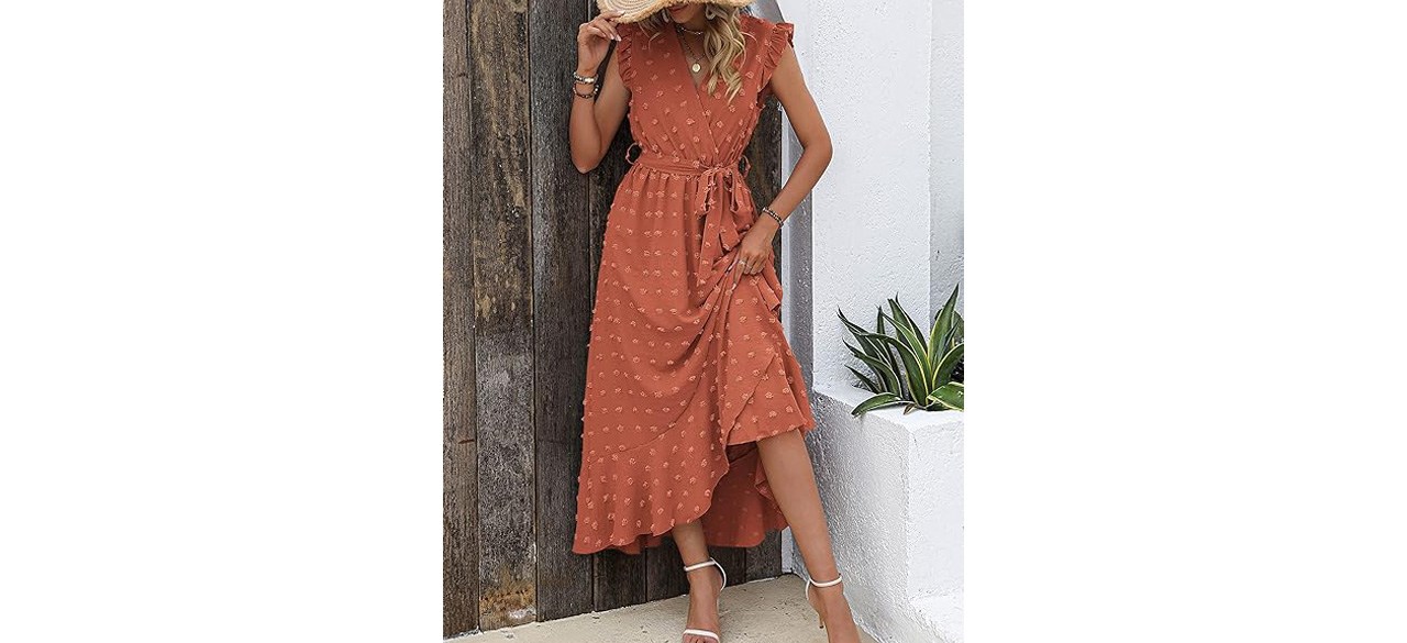 Person wearing BTFBM Wrap V-Neck Ruffle Dress